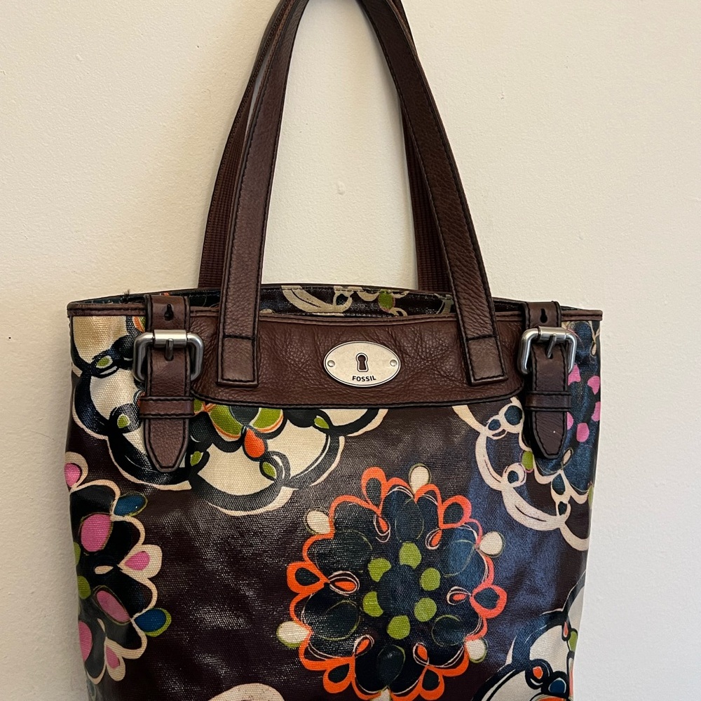 Fossil Brown Leather Trim Tote with Artistic Floral Design
